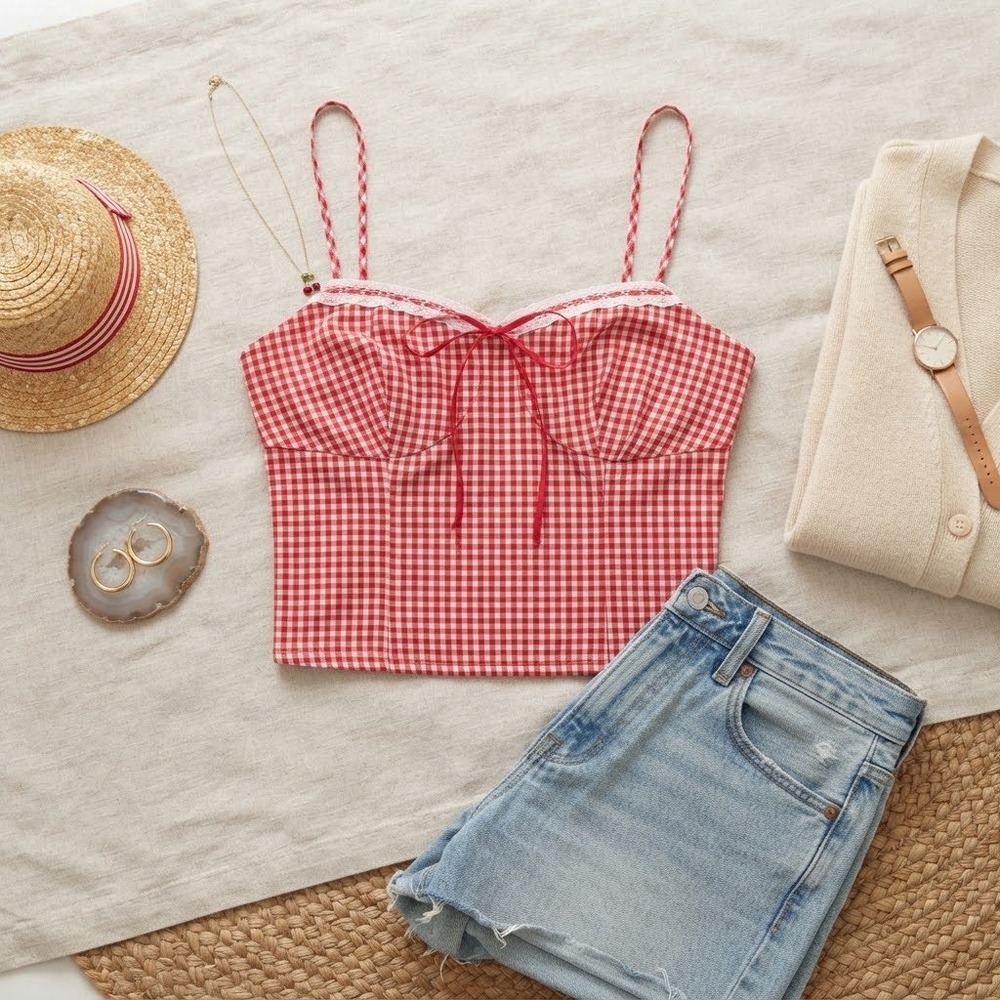 Sienna Sky Red Gingham Lace Trim Smocked Back Crop Cami Top Large